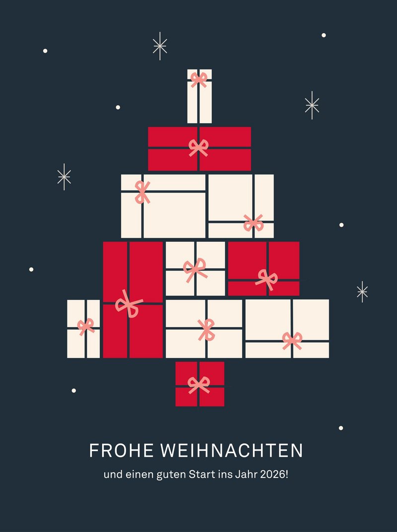 Weihnachtskarte, ein Baum entsteht durch viele grafische Geschenke